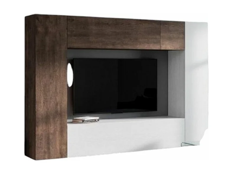 Mur TV mural design blanc et noyer Kinda L 254cm - 5 pièces