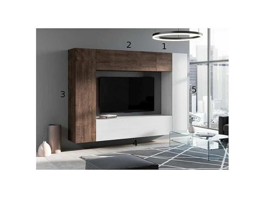 Mur TV mural design blanc et noyer Kinda L 254cm - 5 pièces