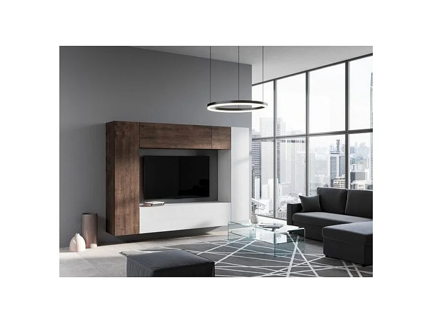 Mur TV mural design blanc et noyer Kinda L 254cm - 5 pièces