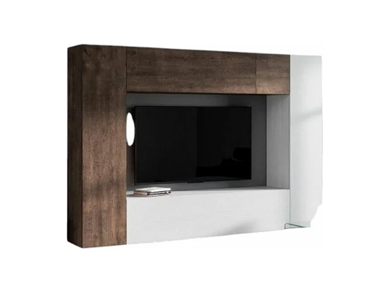 Mur TV mural design blanc et noyer Kinda L 254cm - 5 pièces