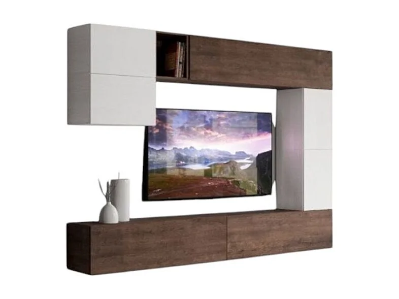 Mur TV design blanc et noyer Luxa L 268cm - 8 pièces