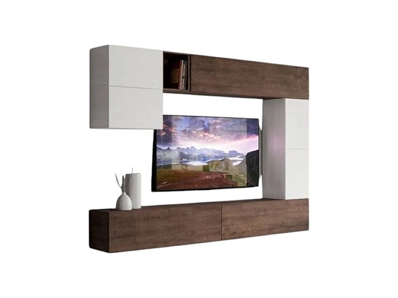 Mur TV design blanc et noyer Luxa L 268cm - 8 pièces