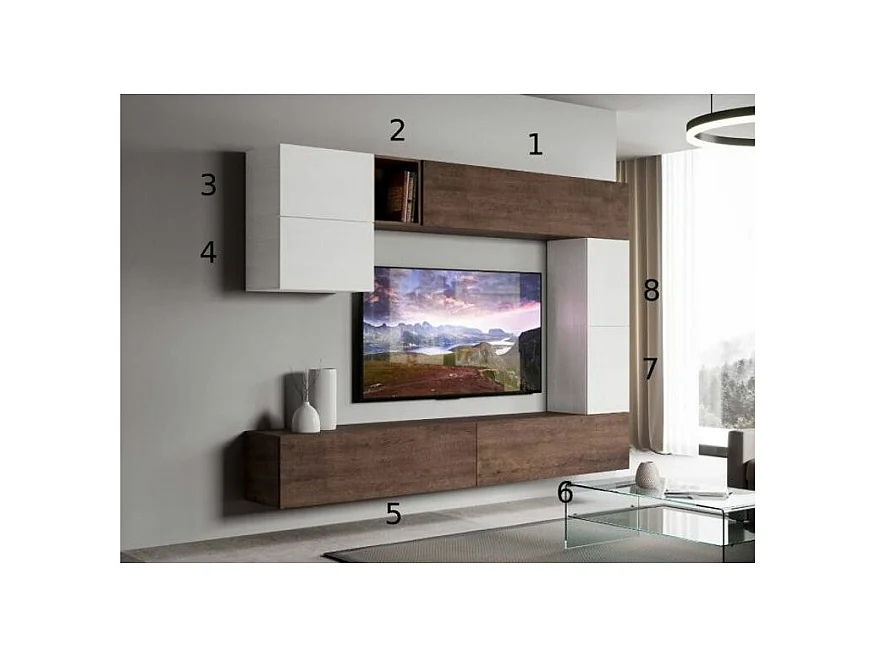 Mur TV design blanc et noyer Luxa L 268cm - 8 pièces