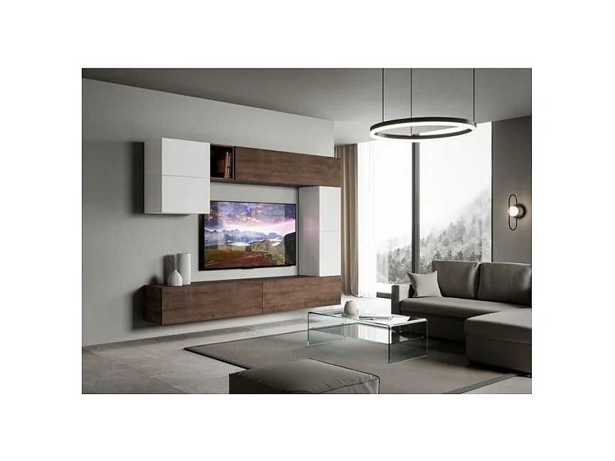 Mur TV design blanc et noyer Luxa L 268cm - 8 pièces