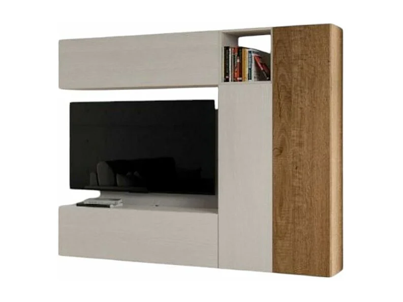 Meuble TV modulable suspendu design blanc et naturel Lina L 214cm - 5 pièces