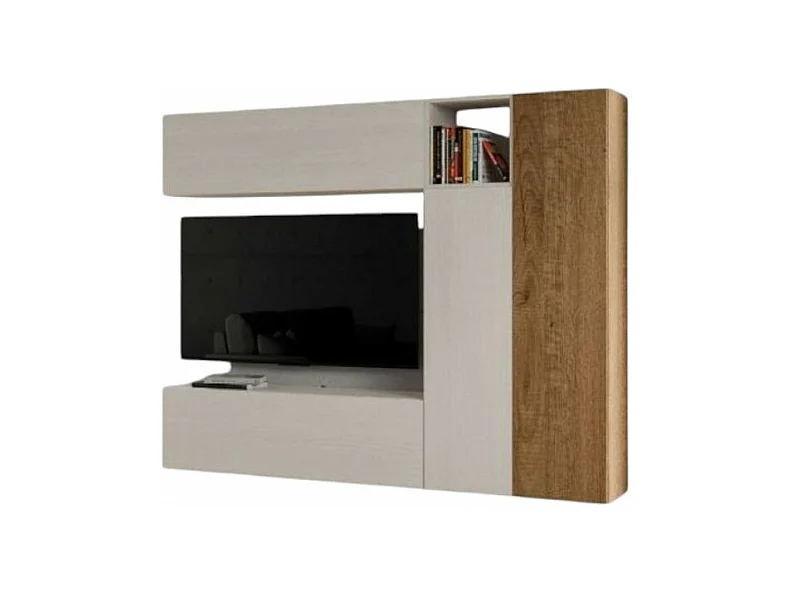 Meuble TV modulable suspendu design blanc et naturel Lina L 214cm - 5 pièces