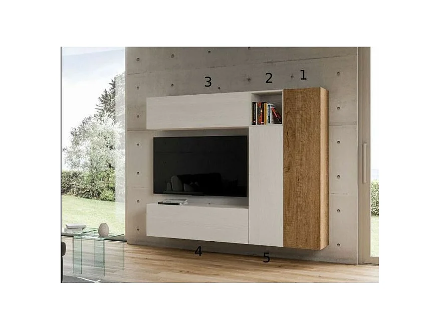 Meuble TV modulable suspendu design blanc et naturel Lina L 214cm - 5 pièces