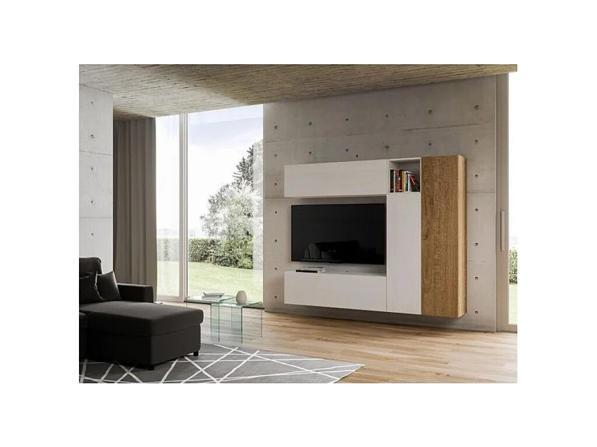 Meuble TV modulable suspendu design blanc et naturel Lina L 214cm - 5 pièces