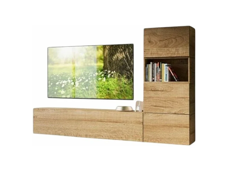Meuble TV modulable suspendu bois naturel Bela L 234cm - 5 pièces