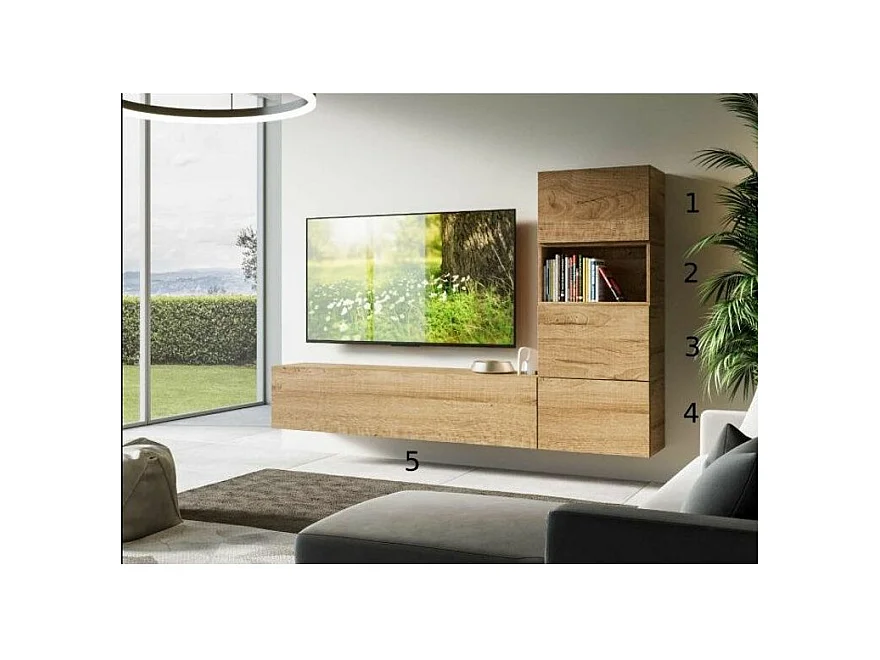 Meuble TV modulable suspendu bois naturel Bela L 234cm - 5 pièces