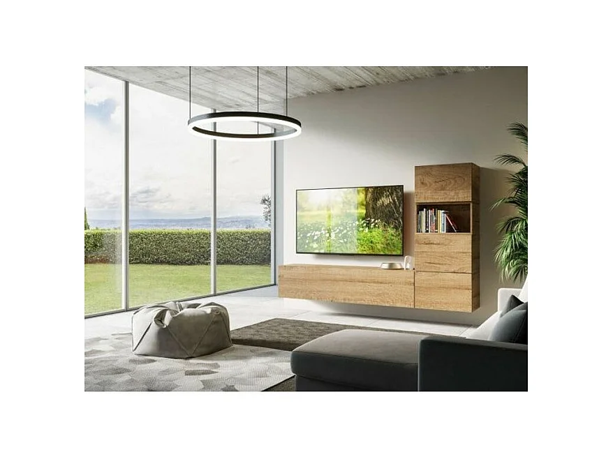 Meuble TV modulable suspendu bois naturel Bela L 234cm - 5 pièces