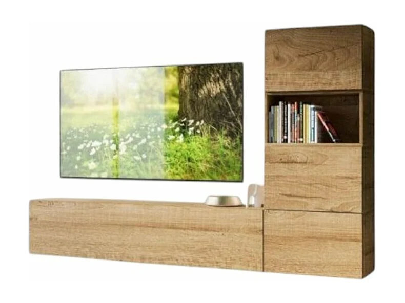 Meuble TV modulable suspendu bois naturel Bela L 234cm - 5 pièces