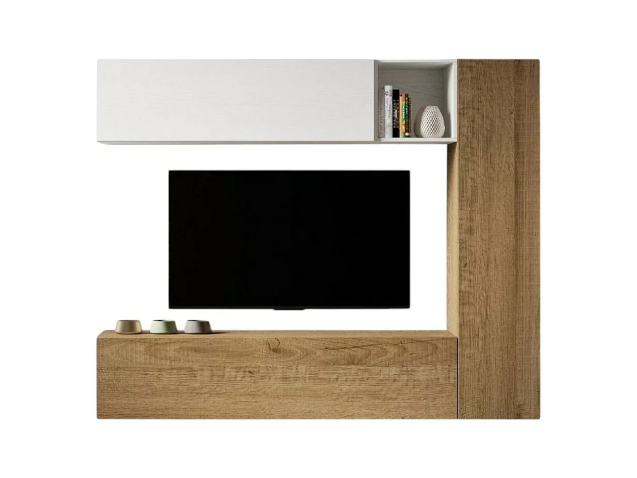 Mur TV modulable suspendu design blanc et naturel Lina L 214cm - 4 pièces