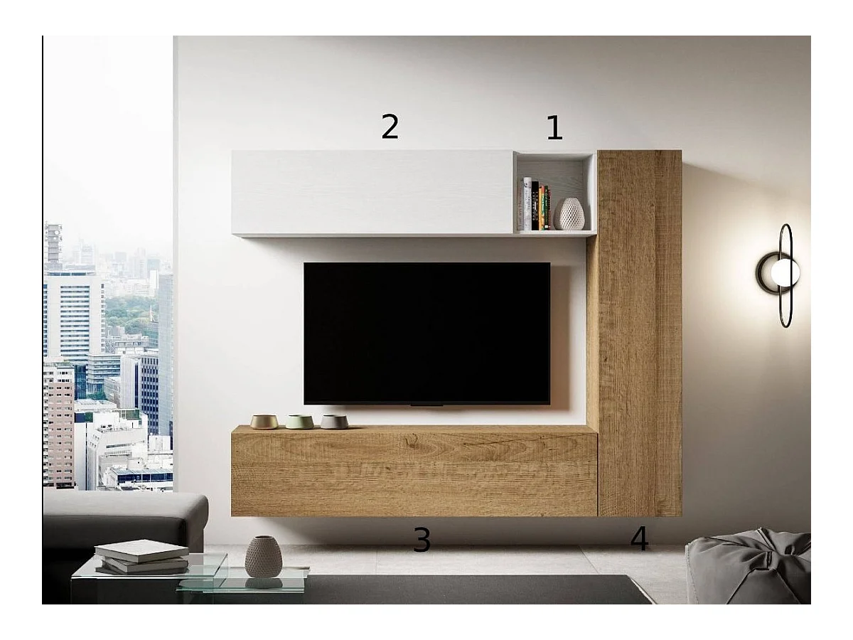 Mur TV modulable suspendu design blanc et naturel Lina L 214cm - 4 pièces