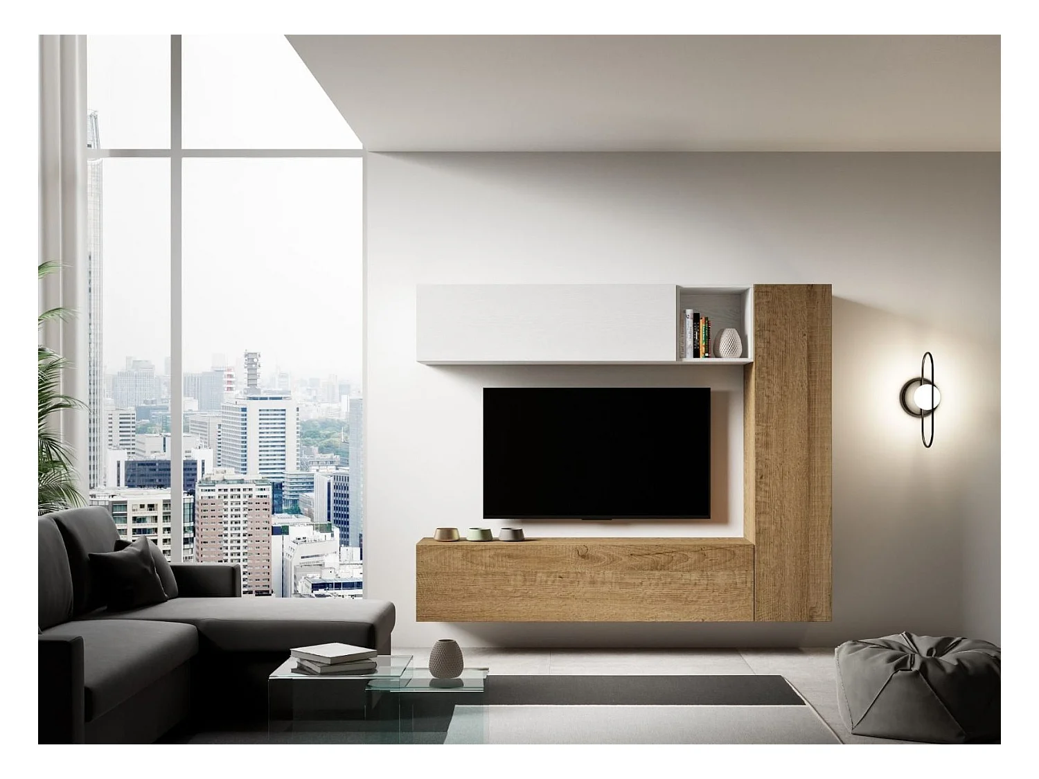 Mur TV modulable suspendu design blanc et naturel Lina L 214cm - 4 pièces