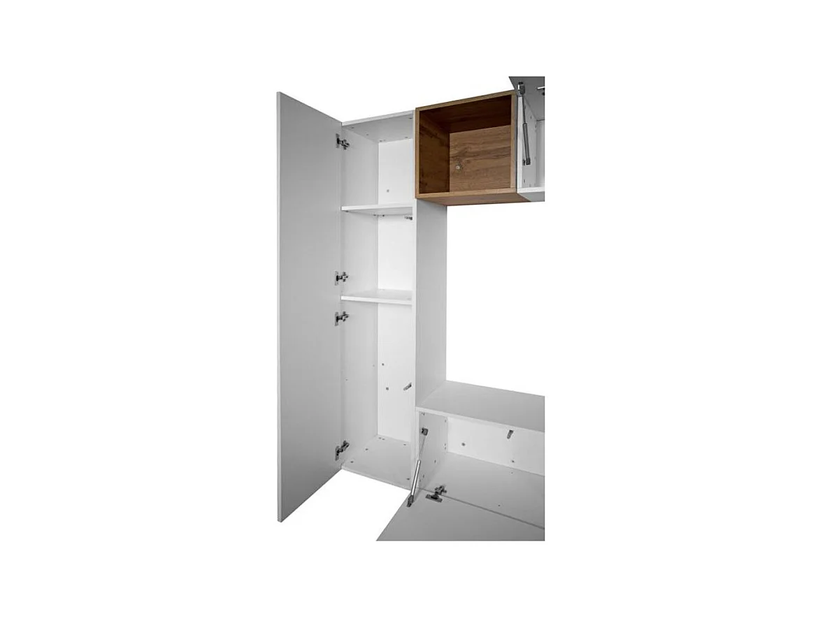 Mur TV modulable suspendu design blanc et naturel Lina L 214cm - 4 pièces