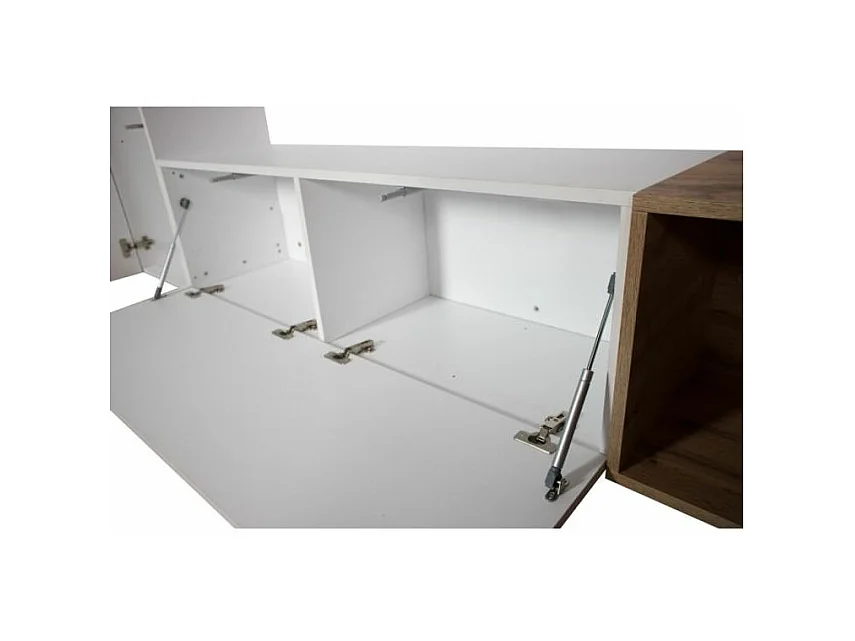 Mur TV modulable suspendu design blanc et naturel Lina L 214cm - 4 pièces