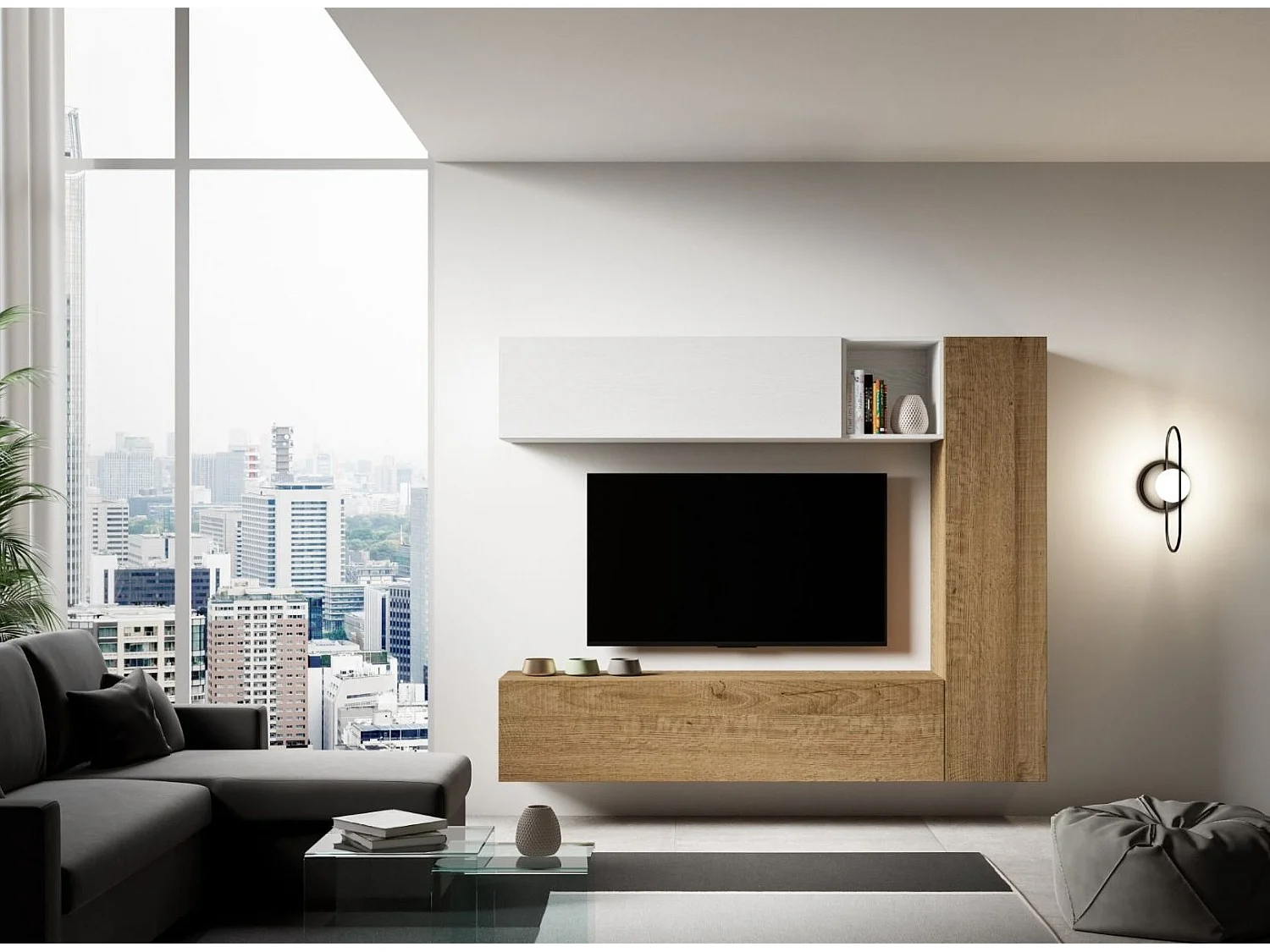 Modulaire TV-wandophanging design wit en naturel Lina L 214 cm - 4 stuks