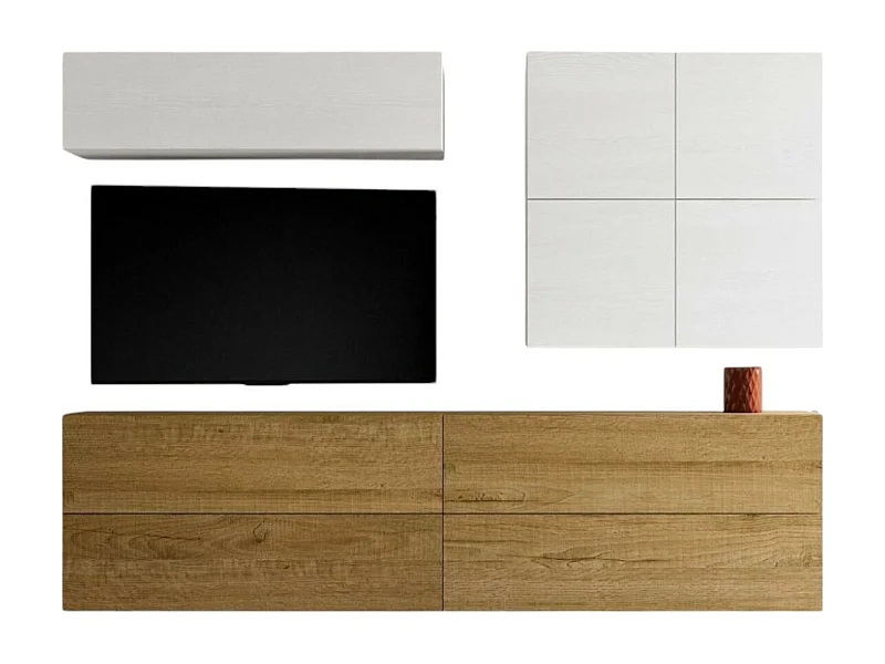 Meuble TV mural blanc et chêne naturel Isika L 308cm - 9 pièces