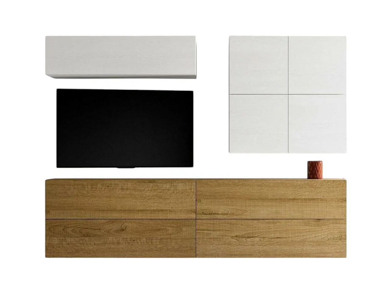 Meuble TV mural blanc et chêne naturel Isika L 308cm - 9 pièces