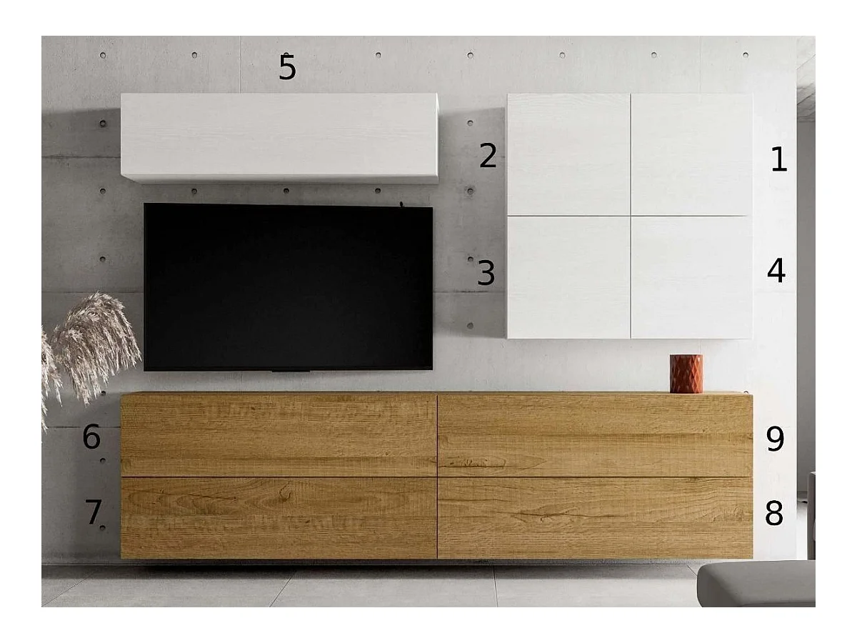 Meuble TV mural blanc et chêne naturel Isika L 308cm - 9 pièces