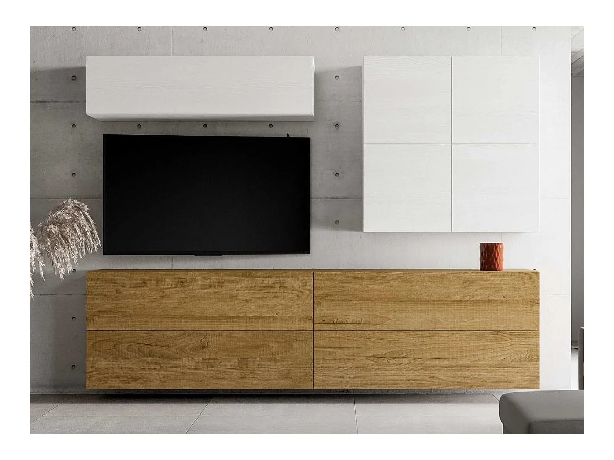 Meuble TV mural blanc et chêne naturel Isika L 308cm - 9 pièces