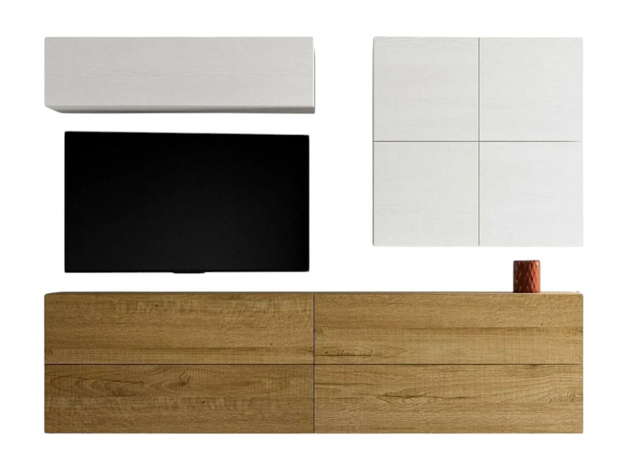 Meuble TV mural blanc et chêne naturel Isika L 308cm - 9 pièces