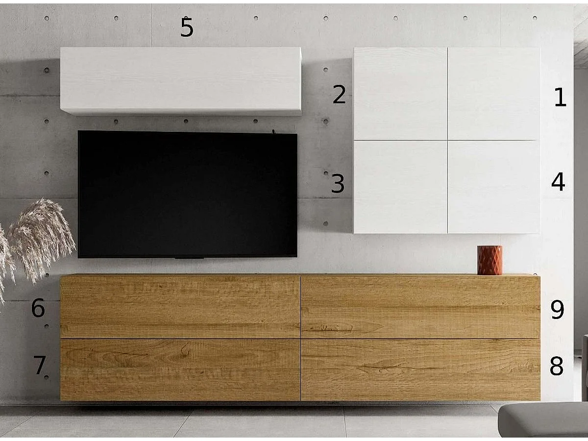 Meuble TV mural blanc et chêne naturel Isika L 308cm - 9 pièces