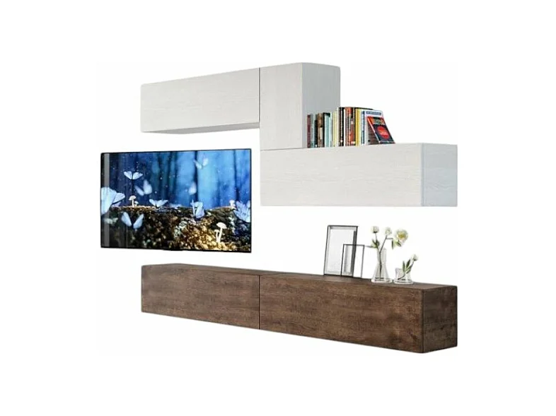Meuble TV mural blanc et noyer Lika L 268cm - 4 pièces