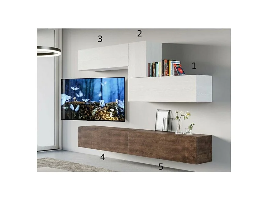 Meuble TV mural blanc et noyer Lika L 268cm - 4 pièces