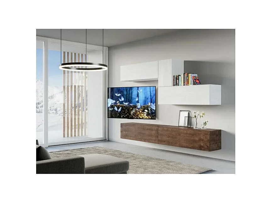 Meuble TV mural blanc et noyer Lika L 268cm - 4 pièces