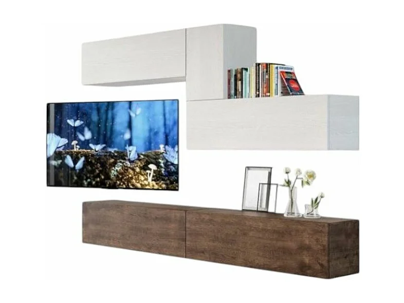 Lika TV-meubel voor wandmontage in wit en notenhout L 268 cm - 4 stuks