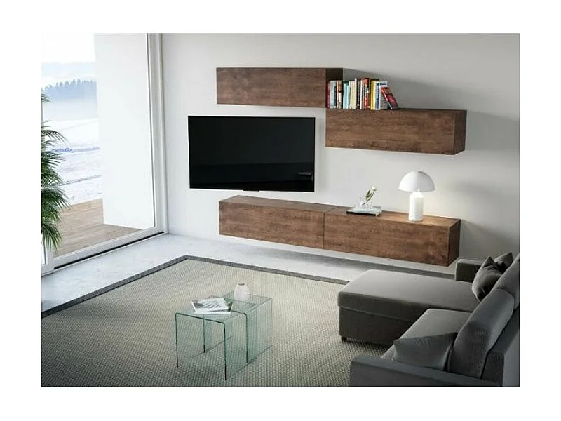 Meuble TV mural bois noyer koza L 268cm - 4 pièces