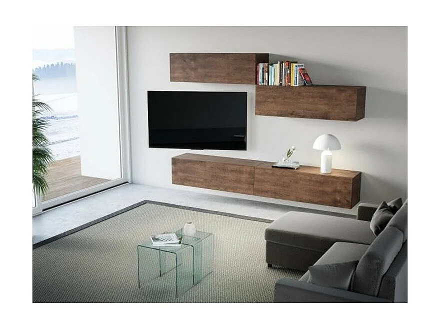 Meuble TV mural bois noyer koza L 268cm - 4 pièces