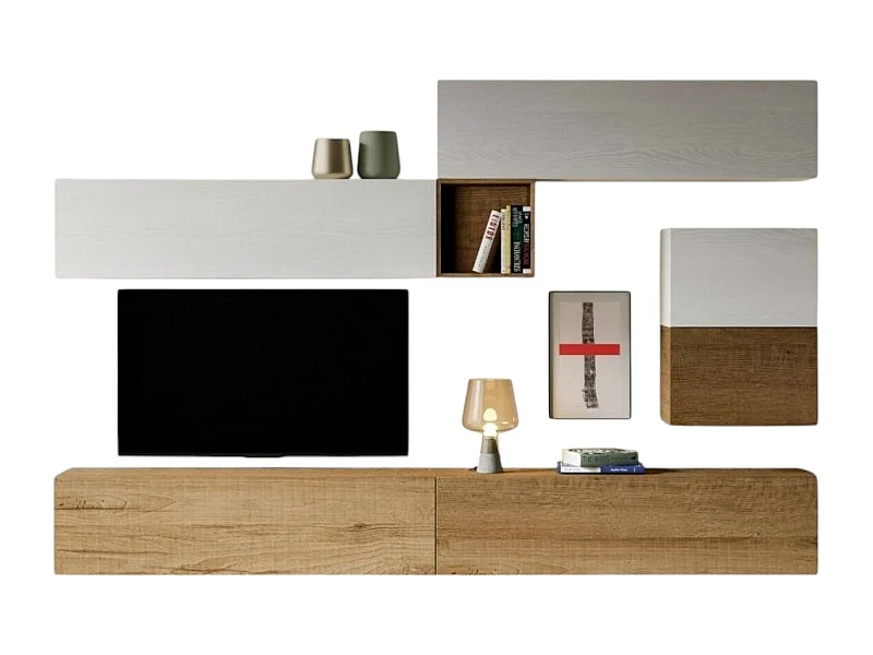 Mur TV modulable suspendu design blanc et naturel Lina L 308cm - 7 pièces