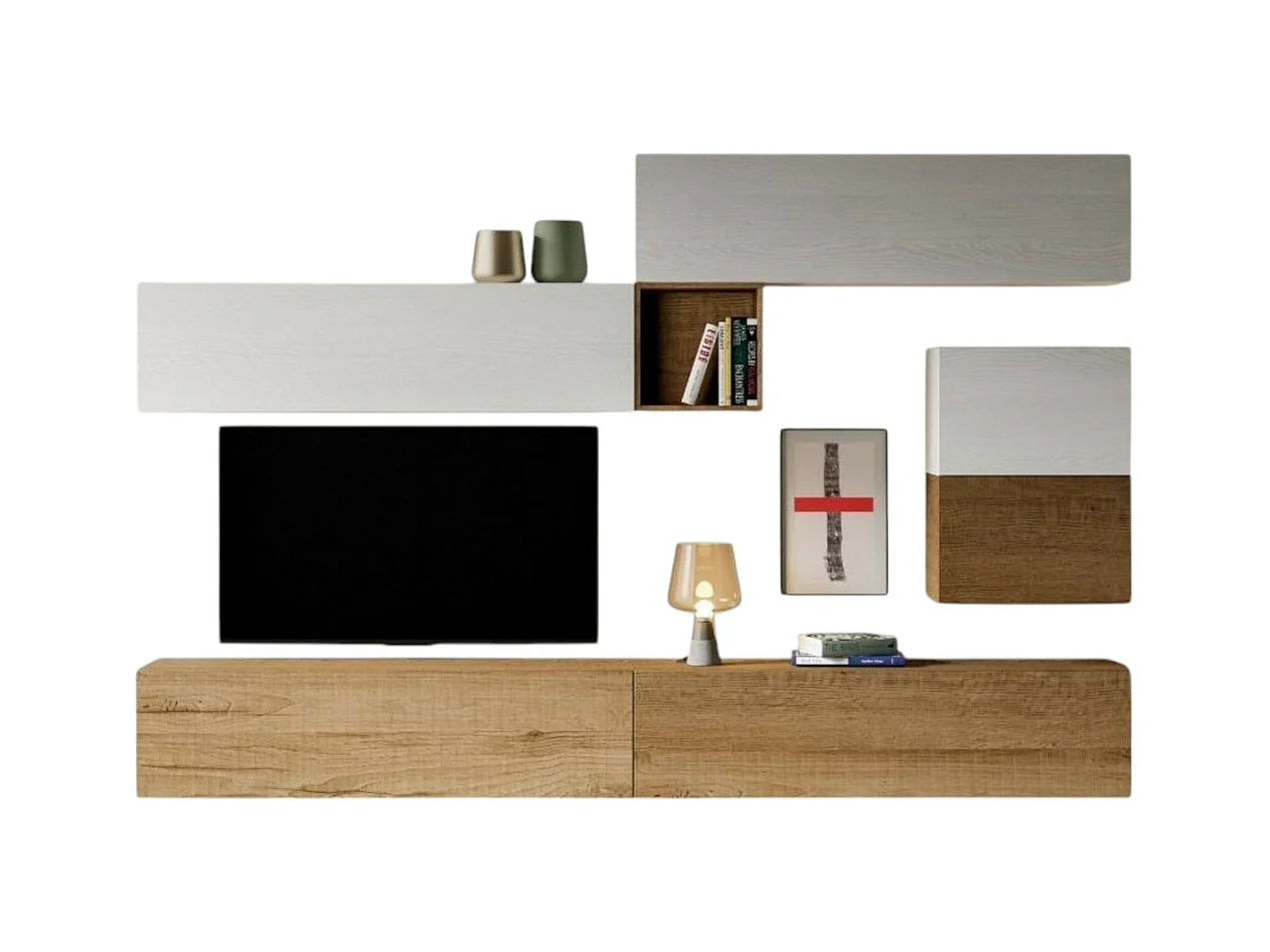 Mur TV modulable suspendu design blanc et naturel Lina L 308cm - 7 pièces