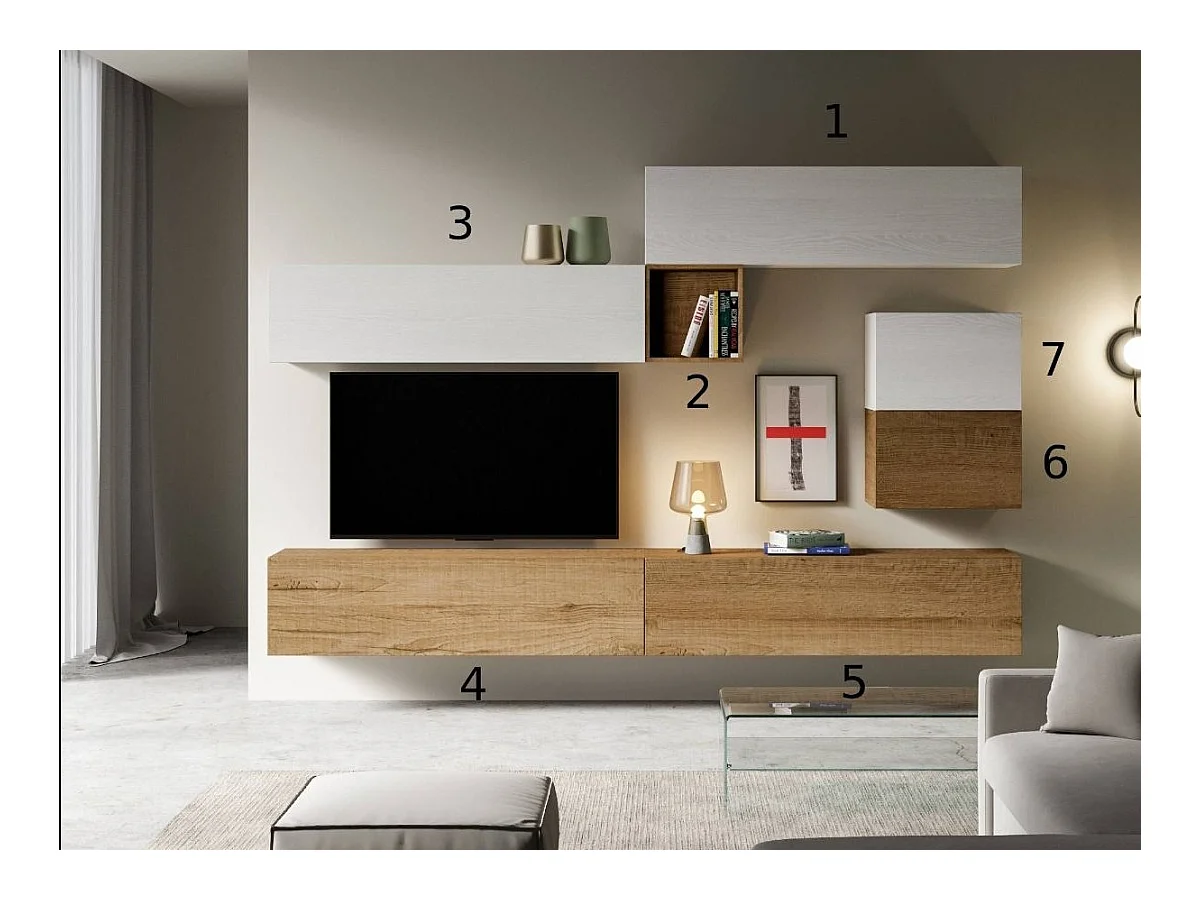 Mur TV modulable suspendu design blanc et naturel Lina L 308cm - 7 pièces