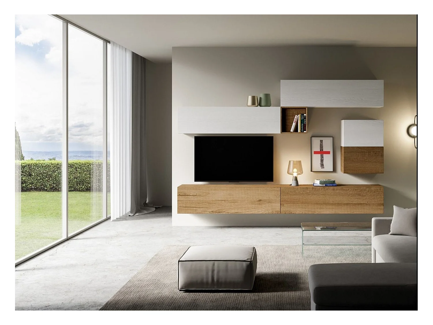 Mur TV modulable suspendu design blanc et naturel Lina L 308cm - 7 pièces