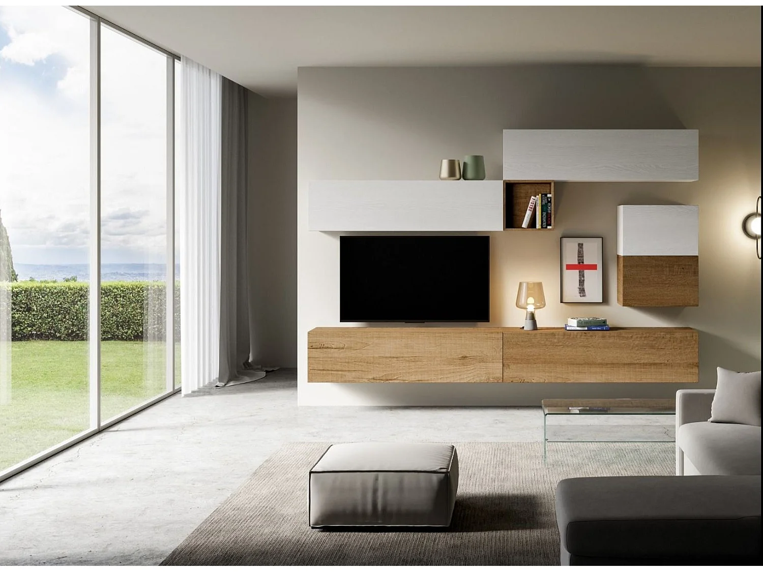 Modulaire TV-wandophanging design wit en naturel Lina L 308 cm - 7 stuks