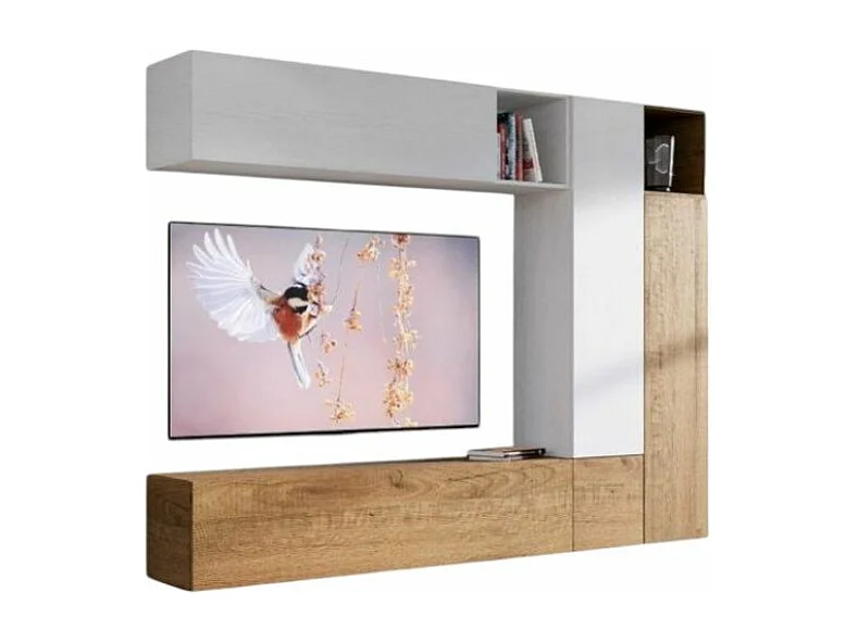 Mur TV modulable suspendu design blanc et naturel Lina L 254cm - 7 pièces