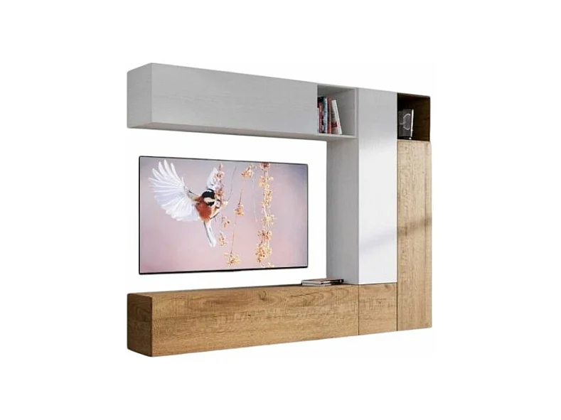 Mur TV modulable suspendu design blanc et naturel Lina L 254cm - 7 pièces
