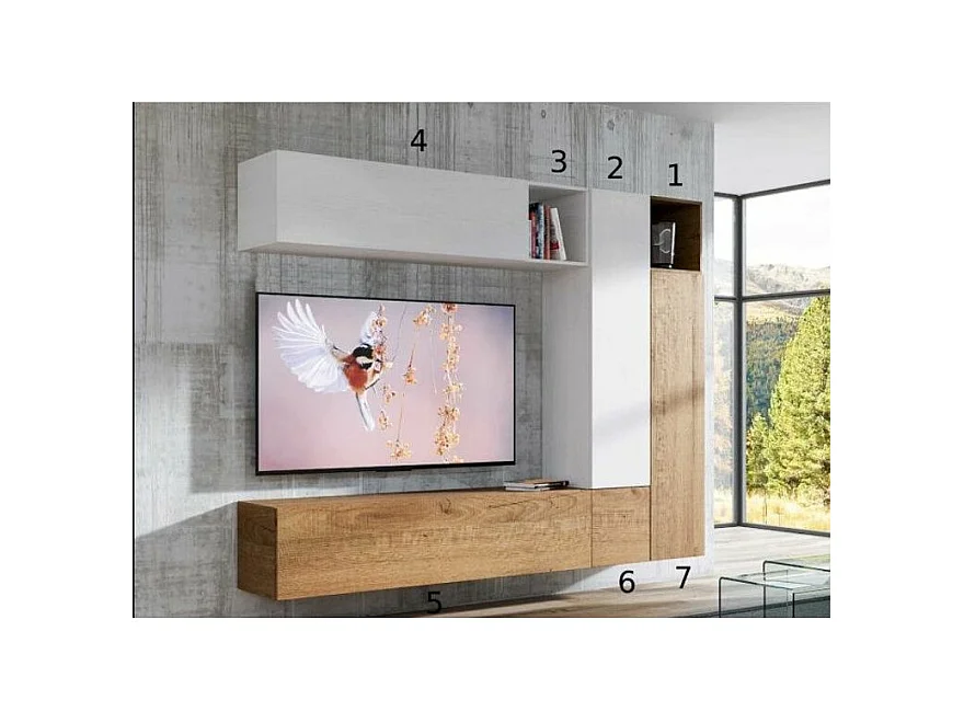Mur TV modulable suspendu design blanc et naturel Lina L 254cm - 7 pièces