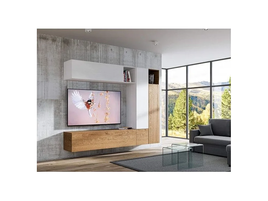 Mur TV modulable suspendu design blanc et naturel Lina L 254cm - 7 pièces