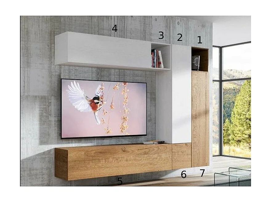 Mur TV modulable suspendu design blanc et naturel Lina L 254cm - 7 pièces