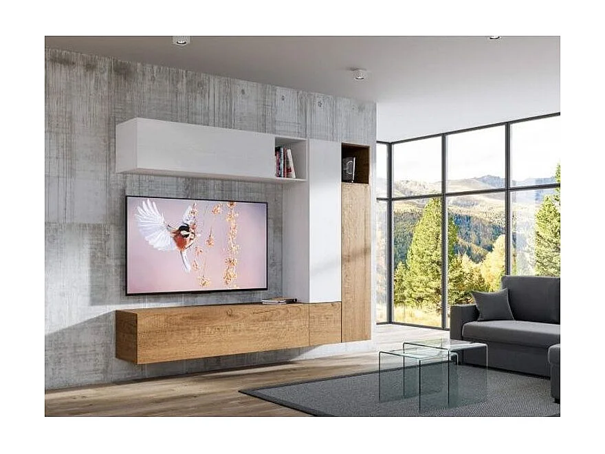 Mur TV modulable suspendu design blanc et naturel Lina L 254cm - 7 pièces