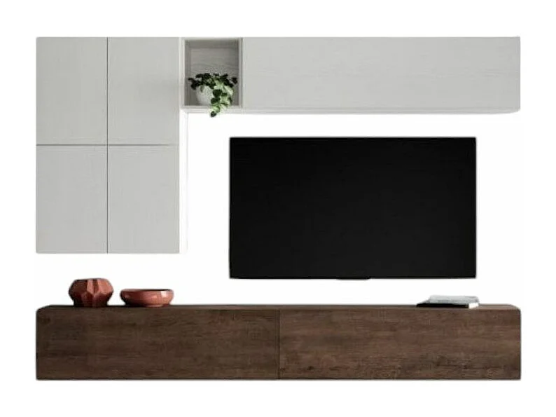 Mur TV design blanc et noyer Mila L 268cm - 8 pièces