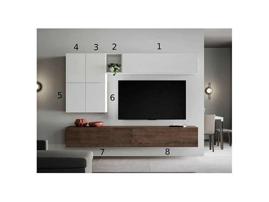 Mur TV design blanc et noyer Mila L 268cm - 8 pièces