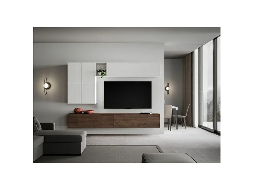 Mur TV design blanc et noyer Mila L 268cm - 8 pièces