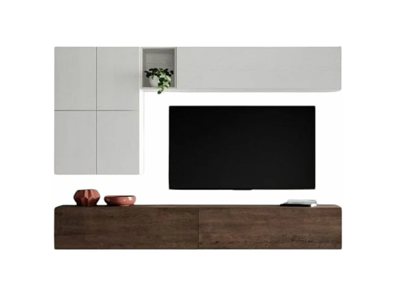 Mur TV design blanc et noyer Mila L 268cm - 8 pièces