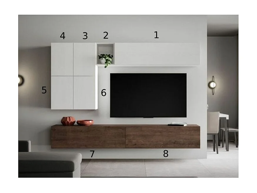 Mur TV design blanc et noyer Mila L 268cm - 8 pièces